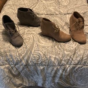 Tan and gray ankle booties